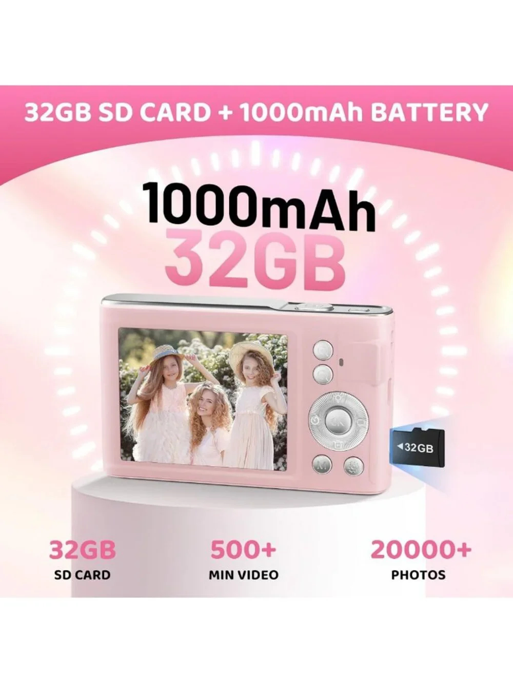 48MP FHD 1080P Point & Shoot Camera, 16x Zoom, Anti-Shake, Compact, Pink, 32GB